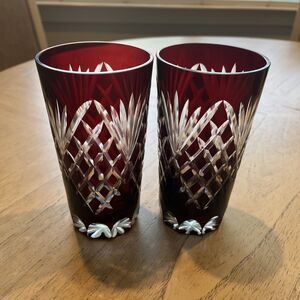 Set Of 2 Vintage Ruby Red Cut to Clear Crystal Tumbler Glasses 6" Tall